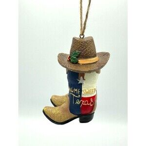 Home Sweet Texas Cowboy Boots Hat Lone Star Christmas Ornament 4" tall